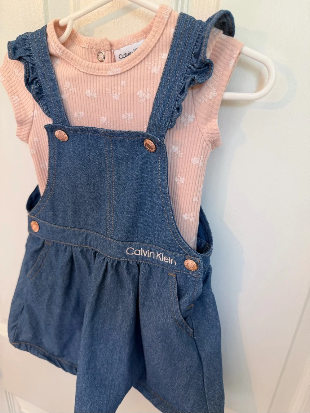 Calvin Klein Blue Denim Pinafore with Pink Floral Bodysuit 18M
